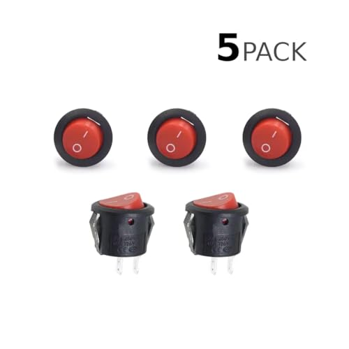 CentIoT - Round Rocker Switch - KCD1 Round bottom snap fit 250V 6A (SPST ON-OFF 2 Position, 2PIN, Red Button, Pack of 5)