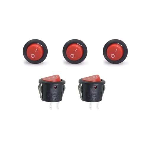 CentIoT - Round Rocker Switch - KCD1 Round bottom snap fit 250V 6A (SPST ON-OFF 2 Position, 2PIN, Red Button, Pack of 5)