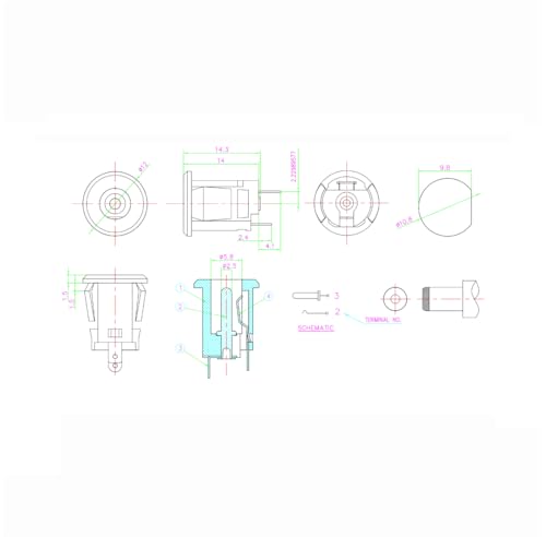 CentIoT - DC Male Jack Socket Connector - Round Panel Chassis Mount 2-pin (5PCS, 9mm Snap Fit, Button Jack)
