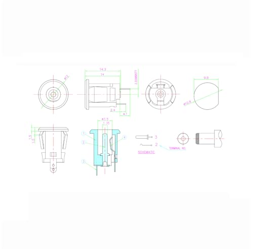 CentIoT - DC Male Jack Socket Connector - Round Panel Chassis Mount 2-pin (5PCS, 9mm Snap Fit, Button Jack)