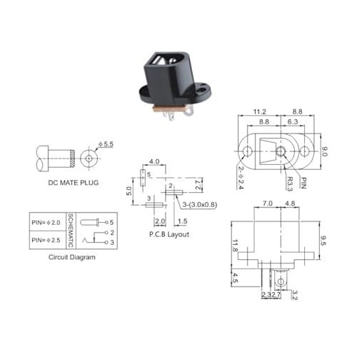 CentIoT - DC Male Jack Socket Connector - Rounded Rectangular Panel Chassis Mount 3-pin 12V 3A (5PCS, Screw Fit)