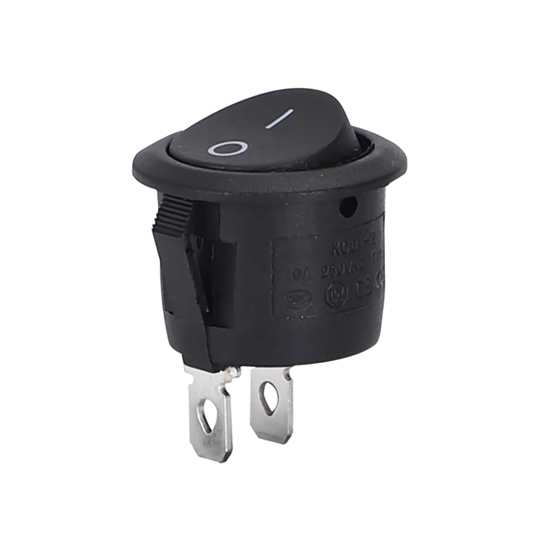 CentIoT - Round Rocker Switch - KCD1 Round bottom snap fit 250V 6A (SPST ON-OFF 2 Position, 250V 6A 2PIN, Black Button, Pack of 5)