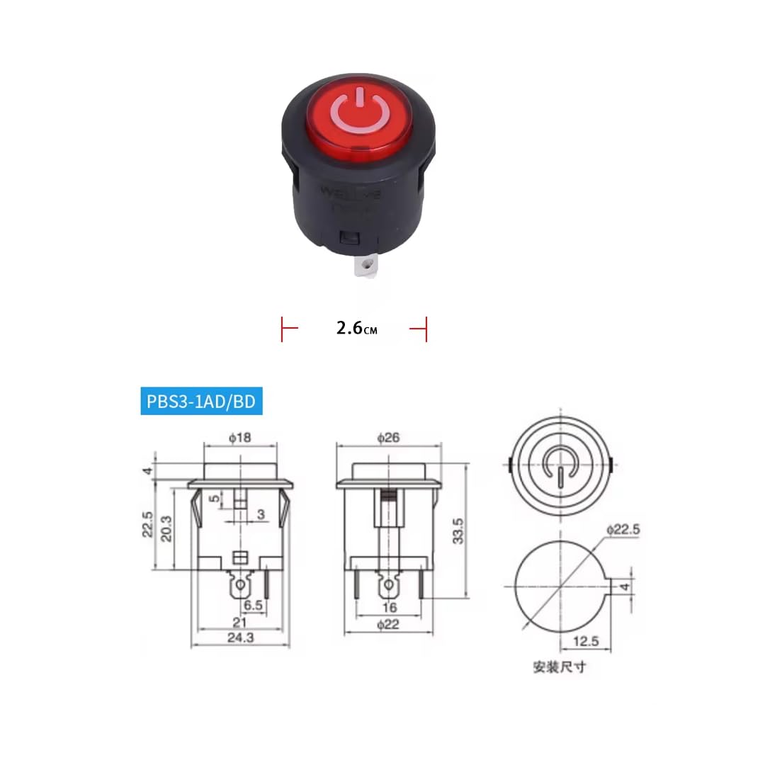 CentIoT - Illuminated LED SPST ON/OFF Circular Push Button self-locking Switch - 22MM 3Pin latching