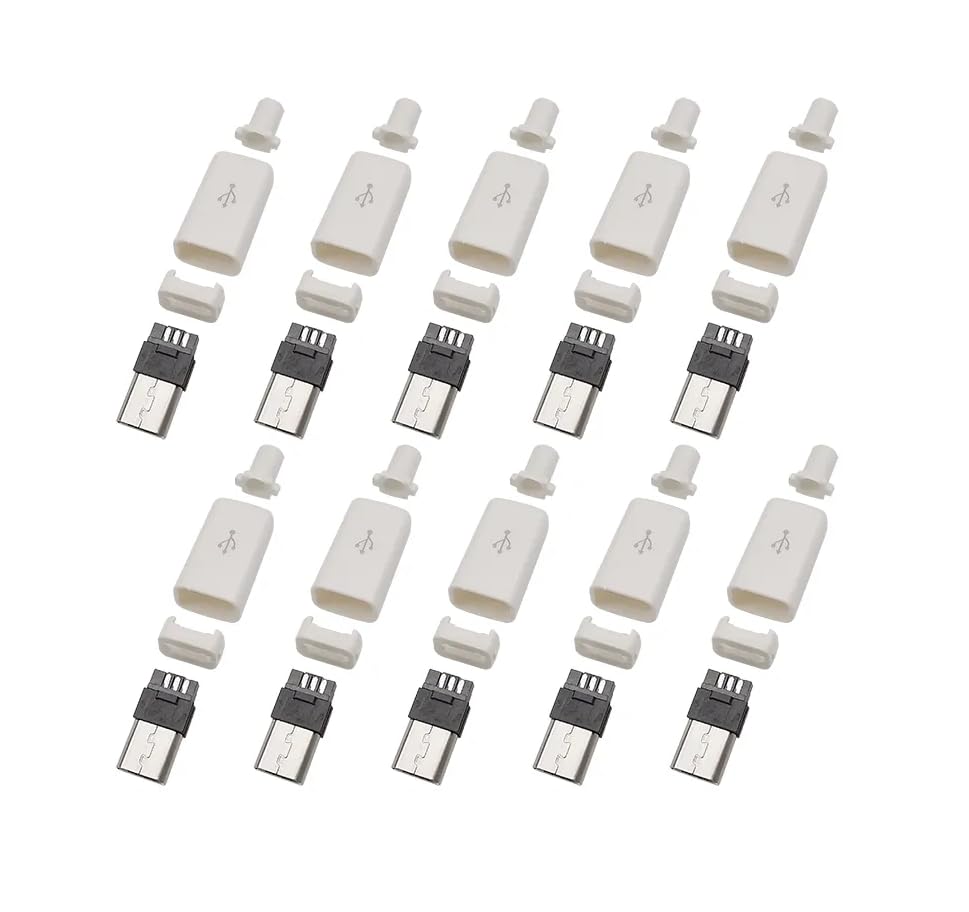 CentIoT - 10pcs White Type B Micro USB MALE USB 2.0 - 5 Pin Plug Connector - With Plastic Cover - DIY Kit (6mm White)