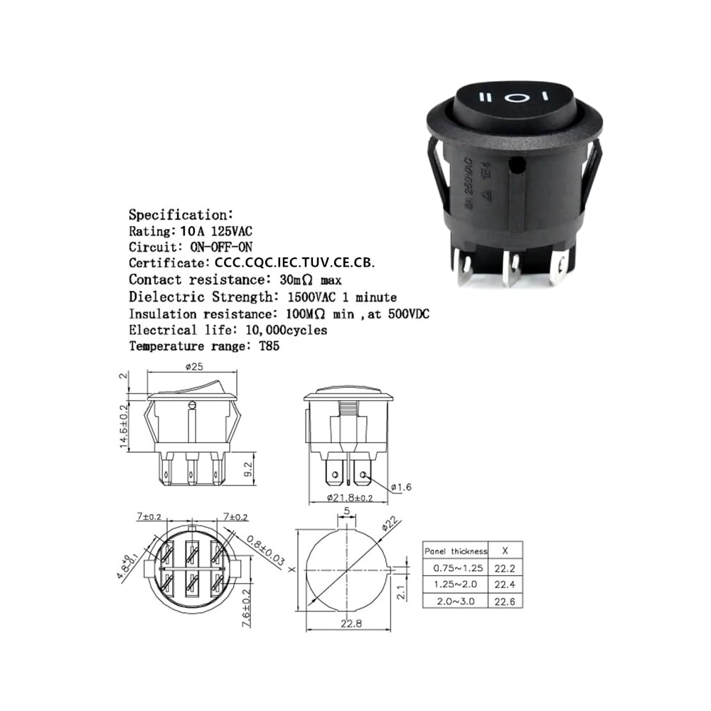 CentIoT - Round Rocker Switch - KCD1 Round bottom snap fit 250V 6A (DPDT I-O-II 3 Position, 250V 6A 6PIN, Black Button)