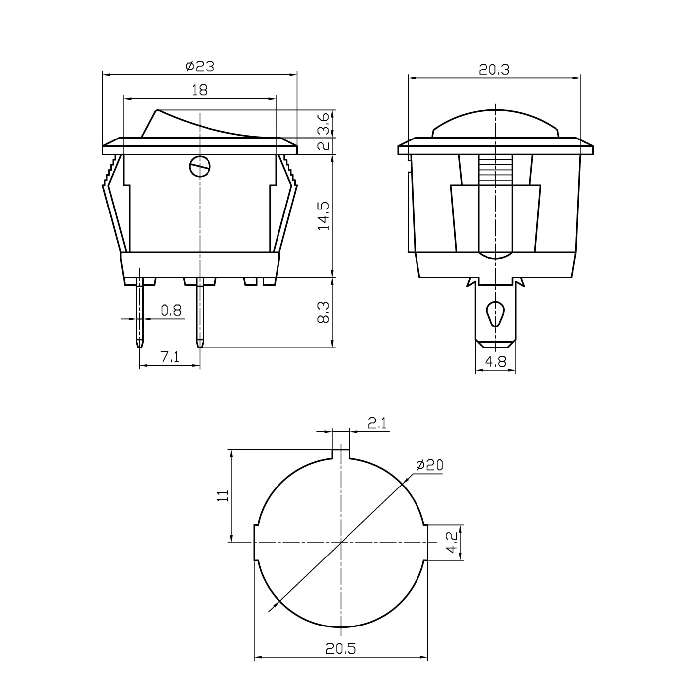 CentIoT - Round Rocker Switch - KCD1 Round bottom snap fit 250V 6A (SPST ON-OFF 2 Position, 250V 6A 2PIN, Black Button, Pack of 5)