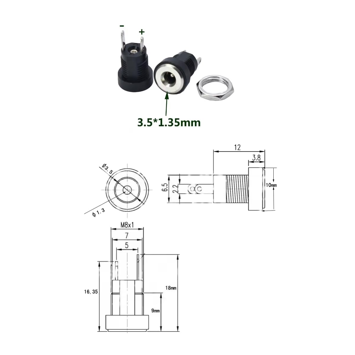 CentIoT - DC Power Supply Jack Male Socket Connector - Round Panel Chasis Mount 12V 3A (1.3 x 3.5mm Jack, 5PCS)