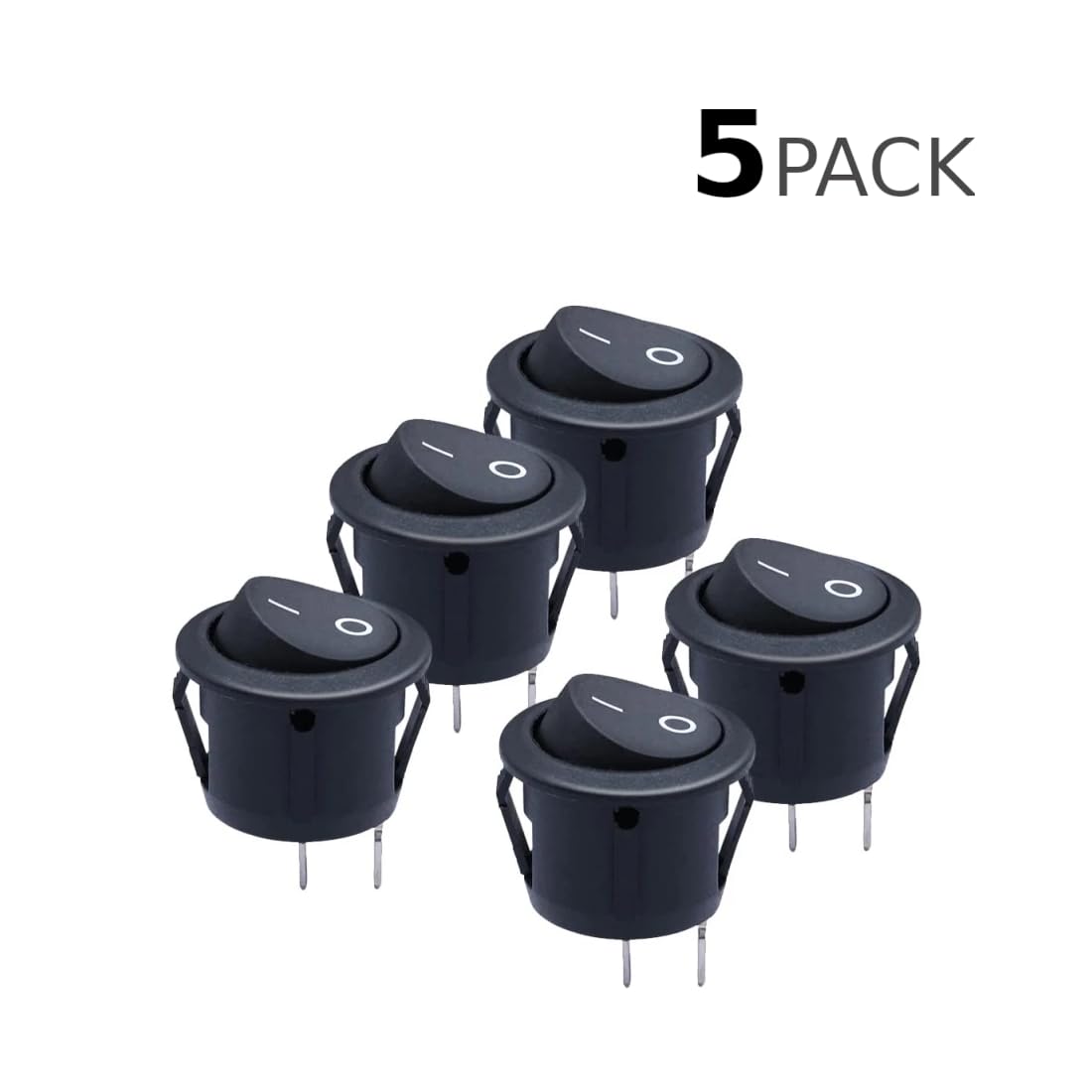 CentIoT - Round Rocker Switch - KCD1 Round bottom snap fit 250V 6A (SPST ON-OFF 2 Position, 250V 6A 2PIN, Black Button, Pack of 5)