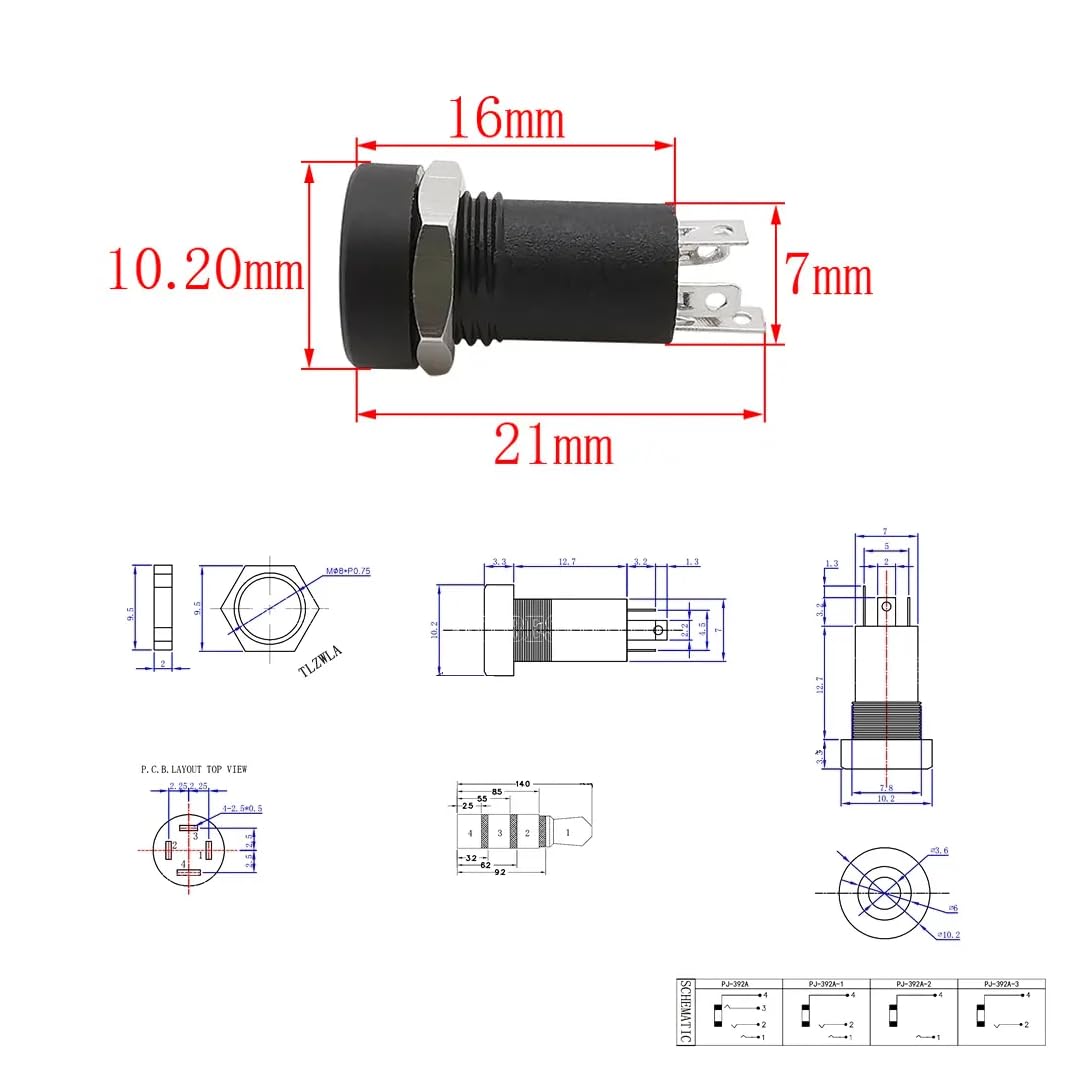 CentIoT -PJ392A 4Pin 3.5 MM Audio Jack Receptacle Gold Plated - Vertical Panel Mount Round Connector Female Socket (5PCS)