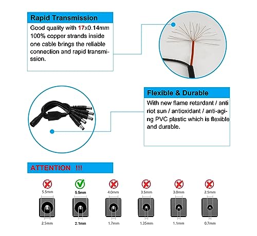 CentIoT - DC Male Jack 1 to 6 way Female Plug - Y Splitter Power Cable