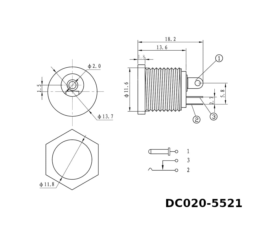 CentIoT - DC Jack male Socket Connector - Round Panel Chasis Mount 12V 3A (9mm Male Jack Center pin 2.5mm x 5.5, 5pcs)