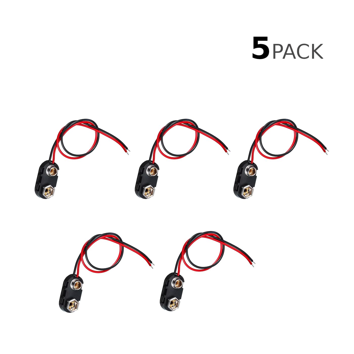 CentIoT - 9V Battery Snap Power Clip Connector to Open Wire 26AWG - Hard Plastic ABS Connector (Pack of 5)