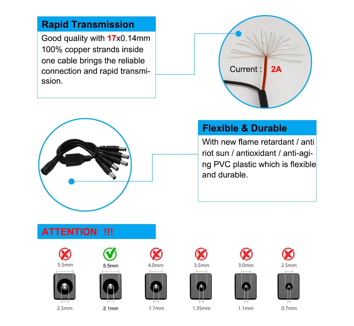 CentIoT - DC Male Jack 1 to 2 way Female Plug - V Splitter Power Cable