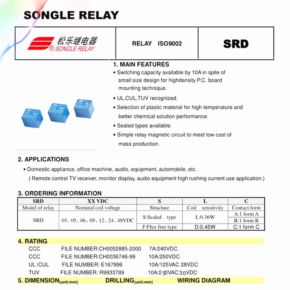 CentIoT - 5PCS DC Power Relay - SRD-SL-C DIP-5 Non Latching SPDT 10A (250VAC 30VDC) | Type PCB Mount