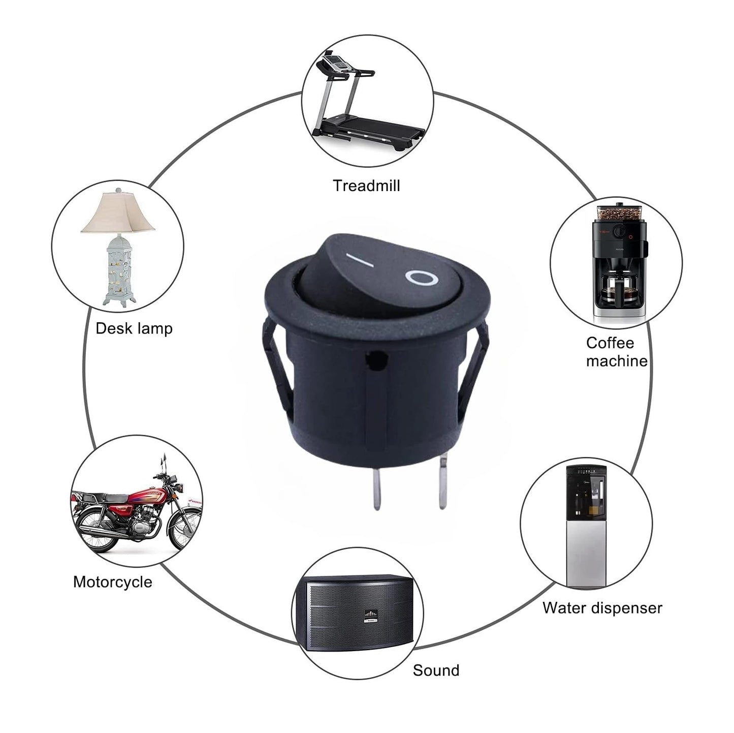 CentIoT - Round Rocker Switch - KCD1 Round bottom snap fit 250V 6A (SPST ON-OFF 2 Position, 250V 6A 2PIN, Black Button, Pack of 5)