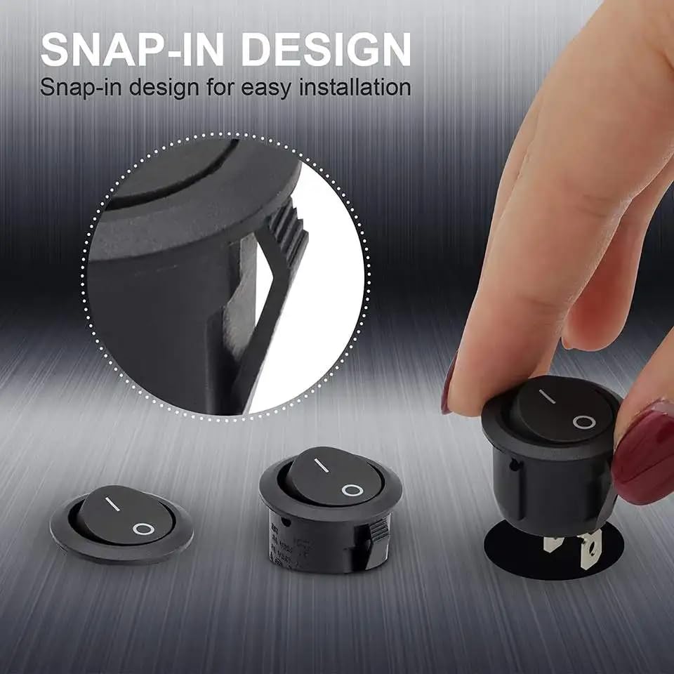 CentIoT - Round Rocker Switch - KCD1 Round bottom snap fit 250V 6A (SPST ON-OFF 2 Position, 250V 6A 2PIN, Black Button, Pack of 5)