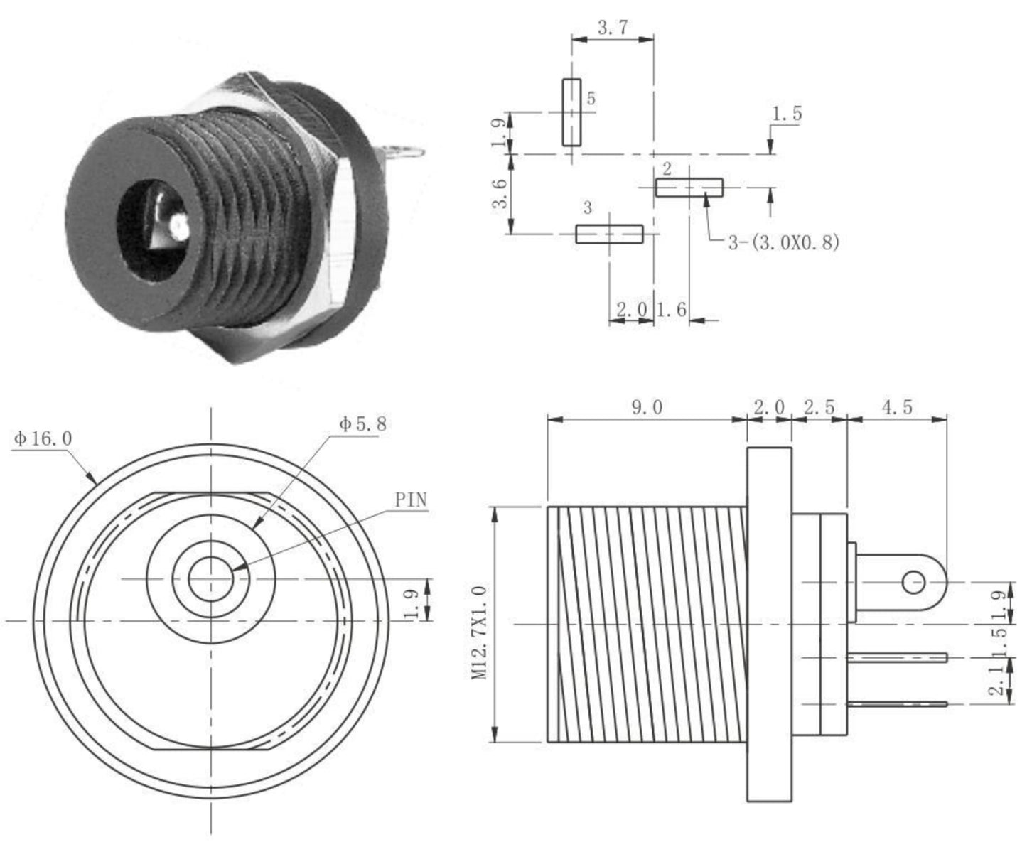 CentIoT - DC Jack Male Socket Connector - Round Panel Chasis Mount 12V 3A (Front Thread Center pin 2.1mm x 5.5, 5pcs)