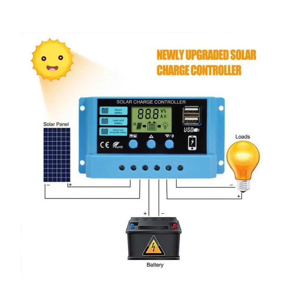 CentIoT - Intelligent PWM Solar Charge Controller Battery Regulator for Lead Acid Liion lifepo4 Battery - with LCD Display 2A USB Port - 12V/24V, 10A