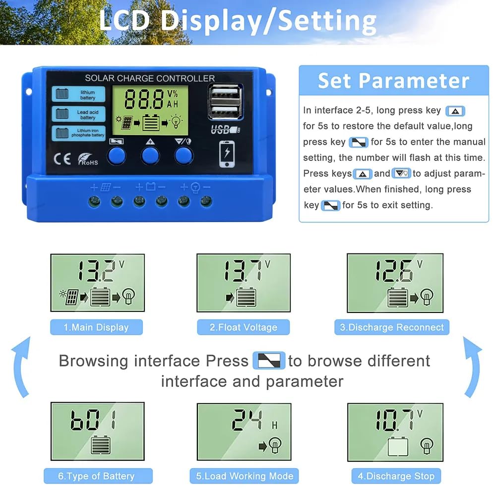 CentIoT - Intelligent PWM Solar Charge Controller Battery Regulator for Lead Acid Liion lifepo4 Battery - with LCD Display 2A USB Port - 12V/24V, 10A