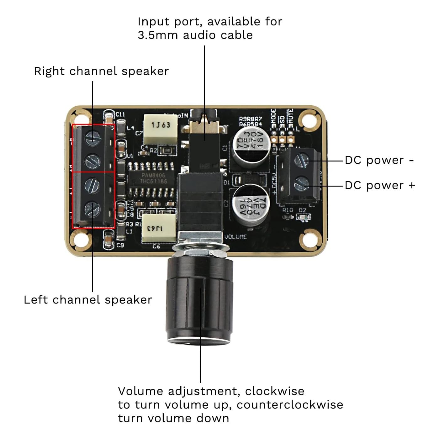 CentIoT - PAM8406 2 x 5w - 2 Channels 5w dual channel stereo mini class AB/D digital Audio Power Amplifier board