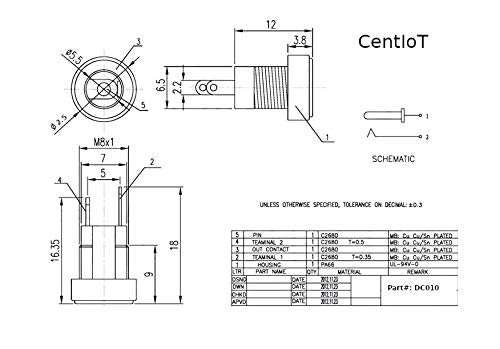 CentIoT - 5PCS DC Power Supply Jack Socket Female Connector - Round Panel Chasis Mount 12V 3A (2.5 x 5.5mm)