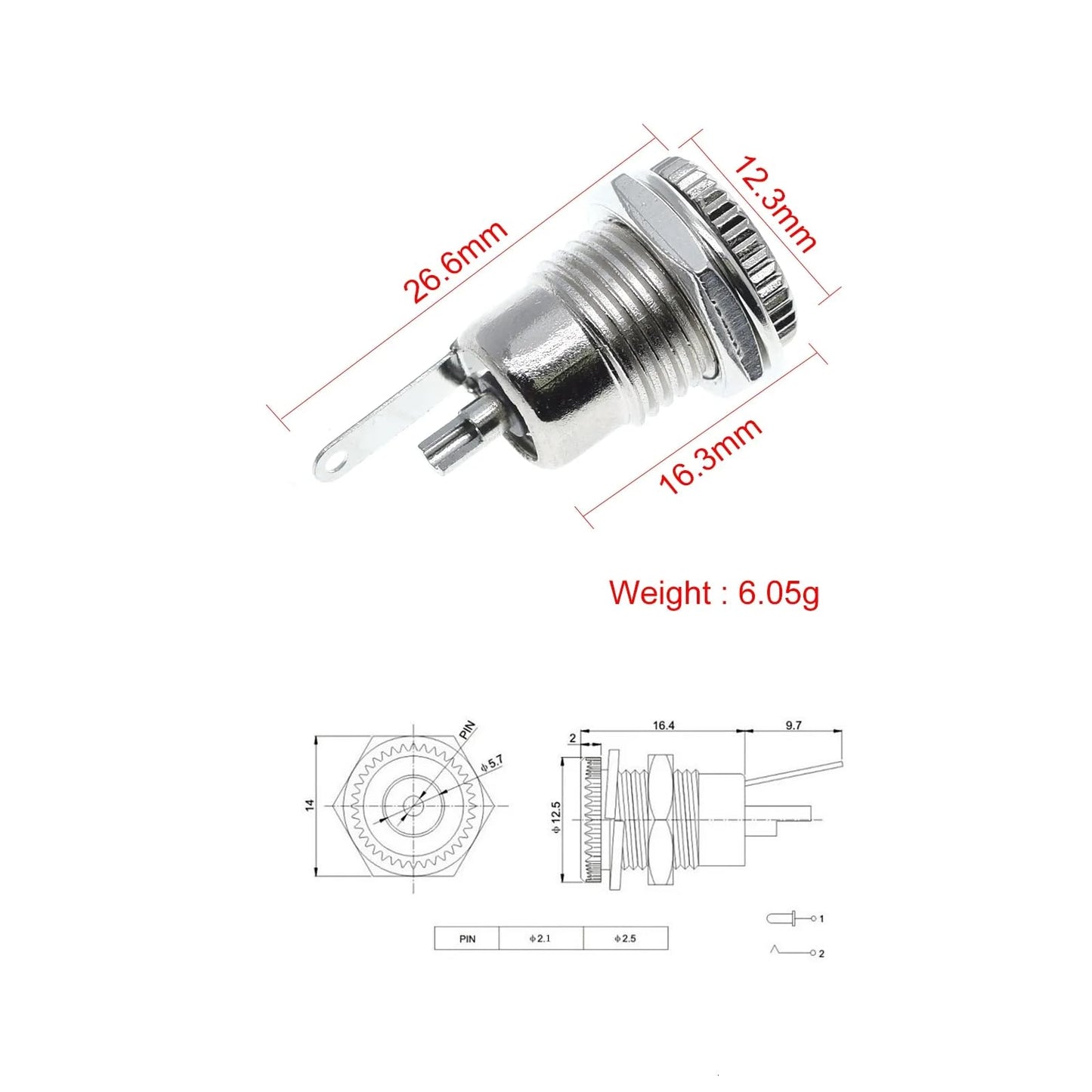 CentIoT - DC Power Jack Male Socket - Panel Mount Full Metal