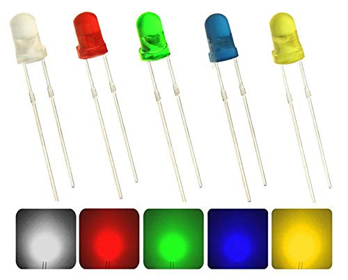 CentIoT - 3mm Round diffused 5 Color Red/Green/Blue/Yellow/White Assorted Mixed LED Transparent Round (candle) Super bright LED bulbs Light Emitting Diode (100)