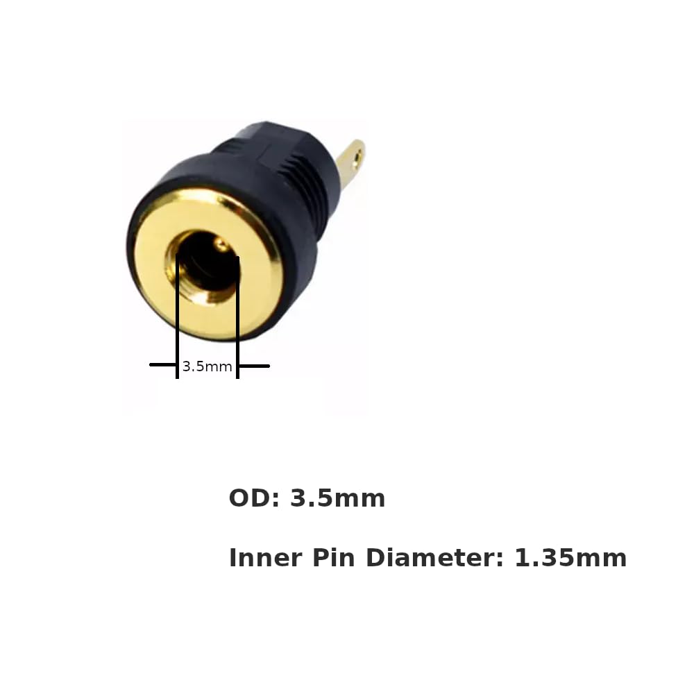 CentIoT - DC Power Supply Jack Socket Male Connector - Round Panel Chasis Mount 12V 3A (5PCS 1.3 x 3.5mm Gold Socket)