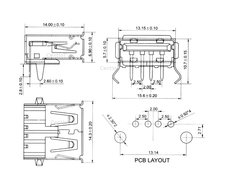 CentIoT - USB Female Socket Connector - Right Angle PCB Mount