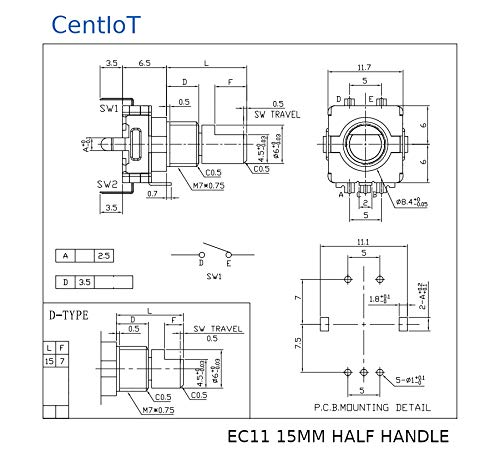 CentIoT - EC11 10K Rotary Encoder - Digital Potentiometer Coding Volume Control with switch - 5 Pin 15mm Half handle (2PCS)