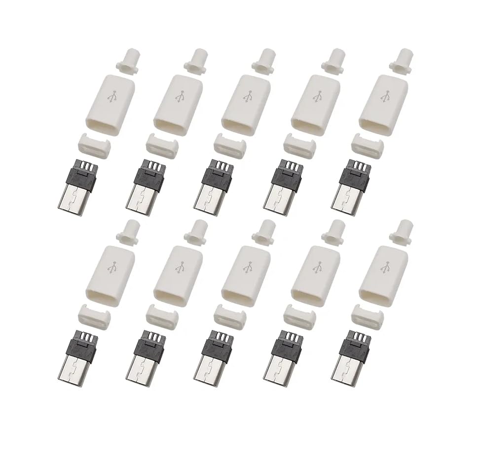 CentIoT - 10pcs White Type B Micro USB MALE USB 2.0 - 5 Pin Plug Connector - With Plastic Cover - DIY Kit (6mm White)