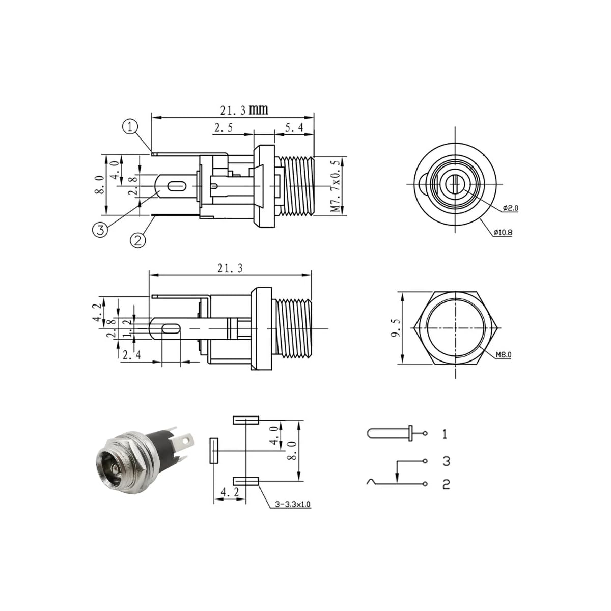 CentIoT - DC Power Jack Socket Full Metal Panel Mount - 3PIN 30V 5A 10PCS