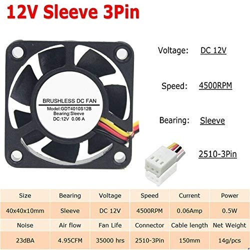 CentIoT - 4010 12V 0.6A DC Brushless Cooling Fan Sleeve Bearing 3PIN Molex - 40mm x 40mm x 10mm Ventilation Cooling Fan (Suitable for CPU GPU)