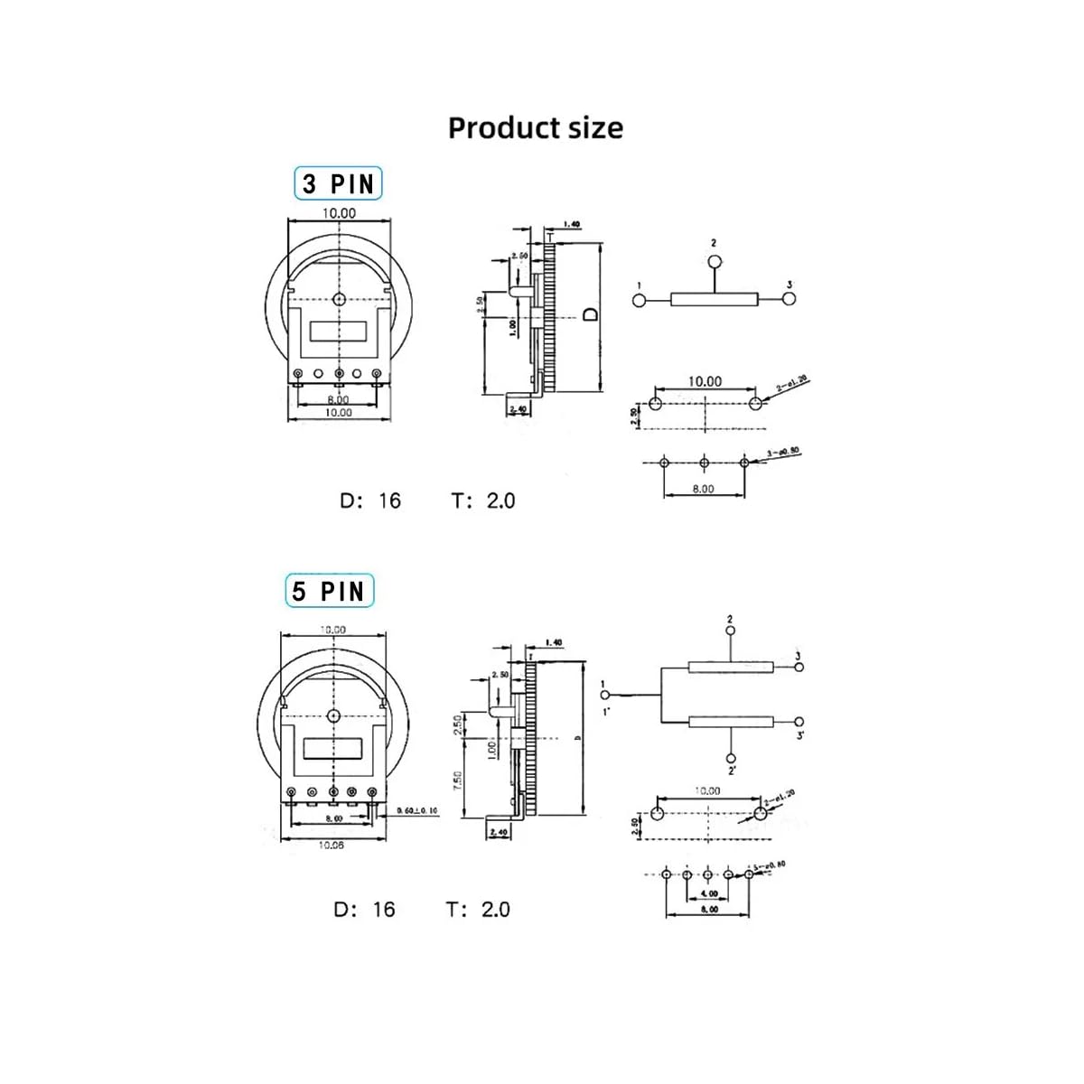 CentIoT - Gear Potentiometer Single Pot Dial Volume Switch 3PIN 16 x 2mm 5PCS