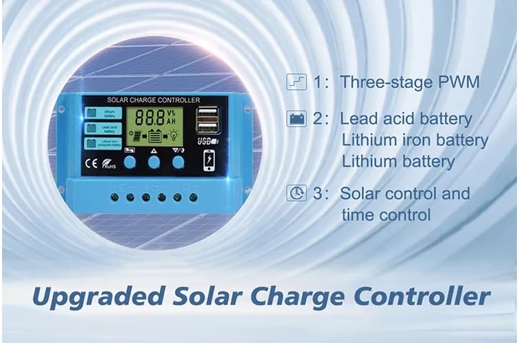 CentIoT - Intelligent PWM Solar Charge Controller Battery Regulator for Lead Acid Liion lifepo4 Battery - with LCD Display 2A USB Port - 12V/24V, 10A