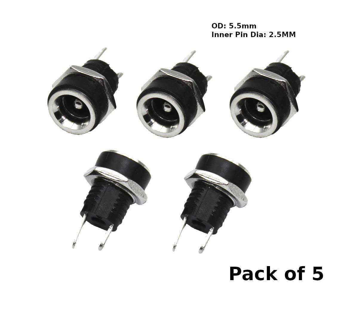 CentIoT - 5PCS DC Power Supply Jack Socket Female Connector - Round Panel Chasis Mount 12V 3A (2.5 x 5.5mm)