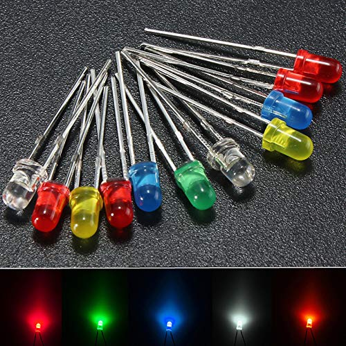 CentIoT - 3mm Round diffused 5 Color Red/Green/Blue/Yellow/White Assorted Mixed LED Transparent Round (candle) Super bright LED bulbs Light Emitting Diode (100)