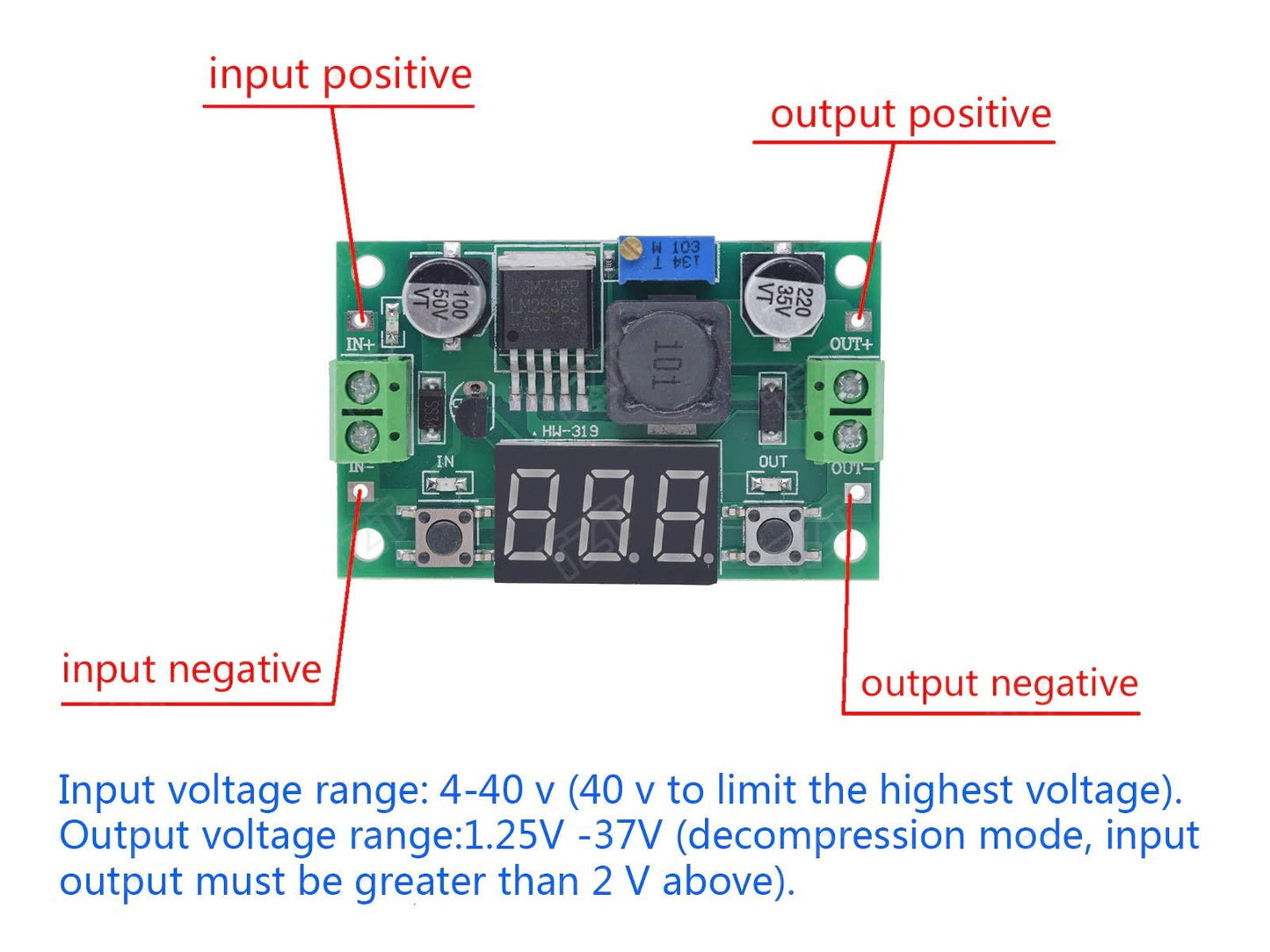 CentIoT - LM2596 LM2596S DC-DC Adjustable Buck Step Down Power Supply Module - with LED Voltmeter Digital Display (Green)